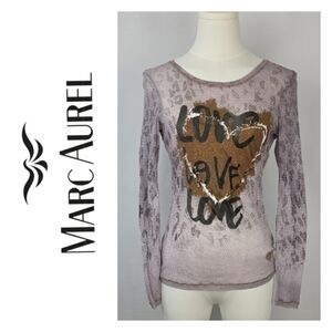 Marc Aurel Love Love Love Sheer Knit Top Size 34 XS Neutral Taupe Graphic Top